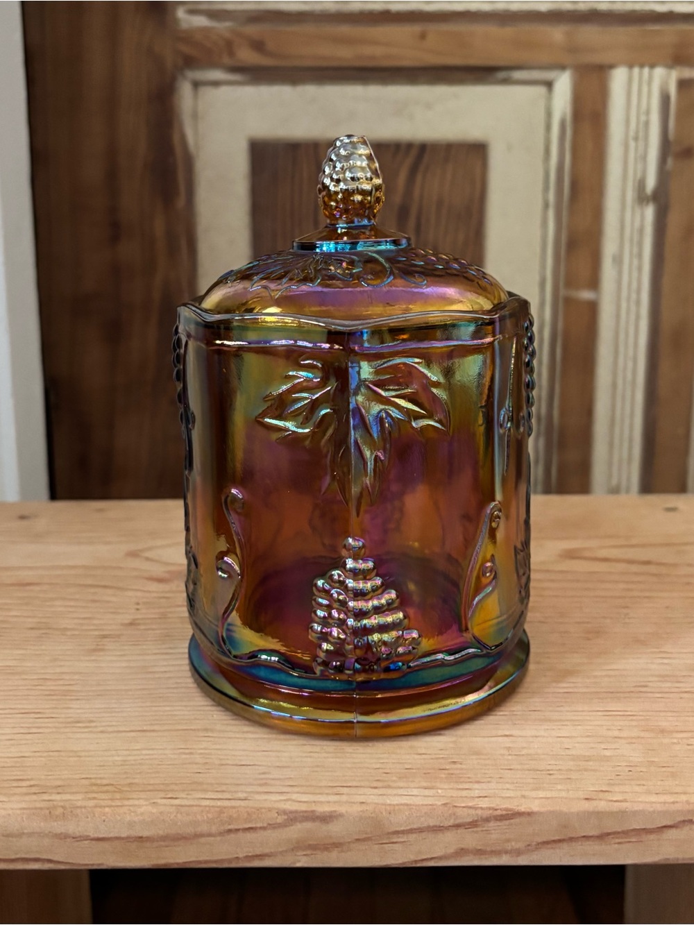 Iridescent Carnival Glass Covered Jar. Harvest Grape Pattern